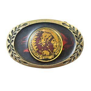 Vintage Native American Chief Head Belt Buckle Brass Ornate Western Rockabilly